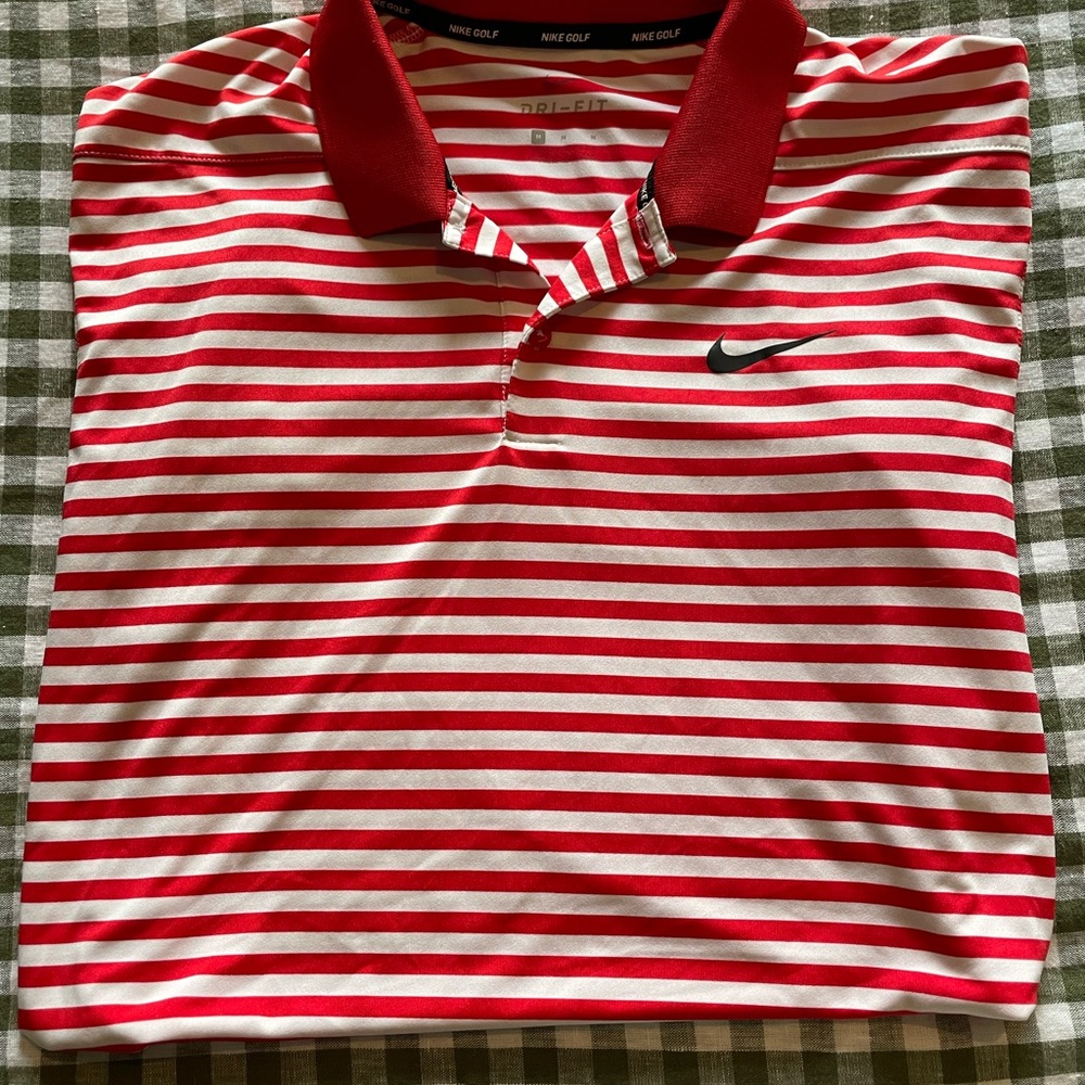 Nike Red and White Striped Polo Shirt